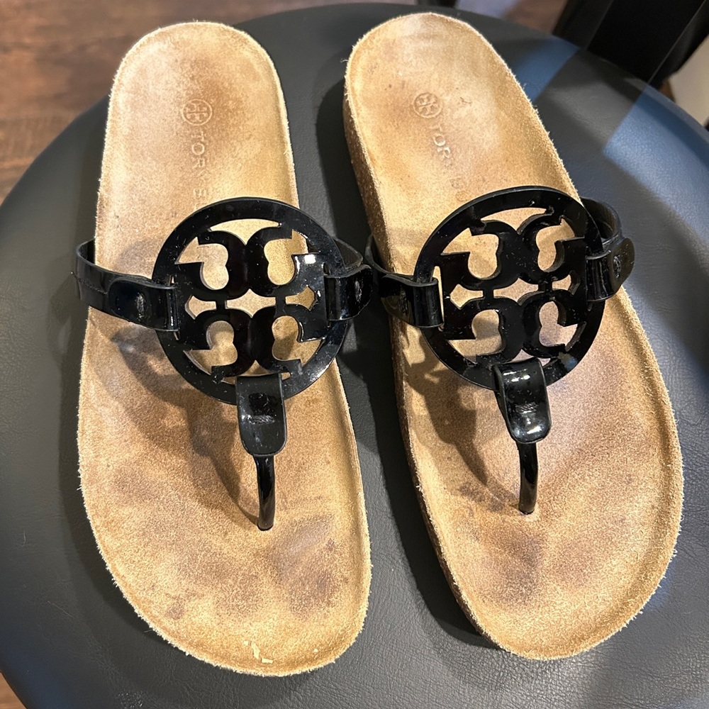 Size 9 Tory Burch Cloud Miller Black Patent Leather sandals. Fit like an 8.5.